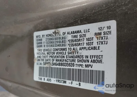 2011 Honda Odyssey Ex-L from USA, damaged, VIN 5FNRL5H64BB035939